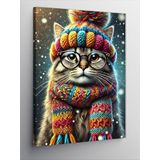Kanvas Tablo Şapka Ve Atkılı Sevimli Kedi, 50 x 70
