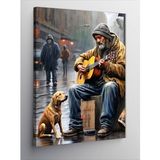 Kanvas Tablo Sokakta Gitar Çalan Adam Ve Köpeği