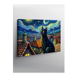 Kanvas Tablo Van Gogh Tarzı Siyah Kedi Ve Retro Evler