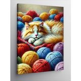 Kanvas Tablo Yün Yumaklarının Arasında Kedi