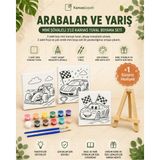 Kanvassepetinet Arabalar ve Yarış Mini Şövaleli 3'lü Boyanabilir Kanvas Tuval Seti 20X20 12 Renk Boya