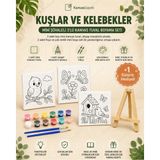 Kanvassepetinet Kuşlar ve Kelebekler Mini Şövaleli 3'lü Boyanabilir Kanvas Tuval Seti 20X20 12 Renk Boya