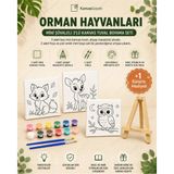 Kanvassepetinet Orman Hayvanları Mini Şövaleli 3'lü Boyanabilir Kanvas Tuval Seti 20X20 12 Renk Boya