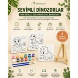 Kanvassepetinet Sevimli Dinozorlar Mini Şövaleli 3'lü Boyanabilir Kanvas Tuval Seti 20X20 12 Renk Boya