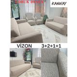 Kanway 3+2+1+1 Dokuma Jakar Koltuk Örtüsü. Lastikli, Esnek, Yıkanabilir Koltuk, Kanepe, Çekyat Örtüsü - 180 x 230 cm - Vizon
