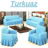 Kanway 3+3+1+1 Bürümcük Koltuk Takımı Örtüsü. Etekli Streç Esnek Lastikli Çekyat Kanepe Kılıfı - 180 x 230 cm - Turkuaz