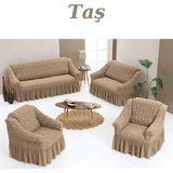 Kanway Jakarlı 3+2+1+1 Koltuk Takımı Örtüsü. Lastikli, Esnek, Yıkanabilir Koltuk, Kanepe, Çekyat Kılıfı - 180 x 230 cm - Taş Rengi