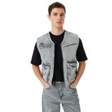 Kapaklı Cep Detaylı Pamuklu V Yaka Kolsuz Oversize Denim Yelek