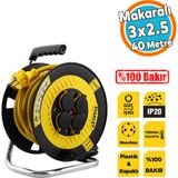 Kapaklı Plastik Makaralı Seyyar %100 Bakır Kablo 4 Prizli 40 Metre Uzatma Kablosu 3x2.5 mm H05VV-F - Sarı - Siyah