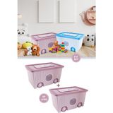Kapaklı Tekerlekli Taşınabilir Büyük Saklama Kutusu, Pembe Oyuncak Kutusu 2'li Set - Renk