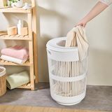 Kapaklı Yuvarlak Çamaşır Sepeti, Modern Dekoratif Delikli Kirli Sepeti, Plastik Kirli Çamaşır Kutusu, Banyo ve Çamaşır Odası Organizeri (Beyaz)