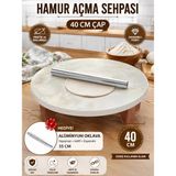 Kapeks 40 cm Çap - Oklava Hediyeli Mermer Desenli Ahşap Yer Sofrası Hamur Açma Sehpası Tahtası Oyun Masası Pasta Sunumluğu - 10 cm Yükseklik - Beyaz Mermer