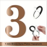 Kapı Daire Numarası 1 mm Bronz Ayna Pleksi Yapışkanlı No - 3 Üç - 1 Adet - 7x5