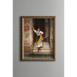 Kapı Önünde Bekleyen Genç Kadın - Vintage Desenli Çerçeve - İnce Model, Altın2, 30 x 40