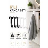 Kapı Üstü Askılık 6'Lı Plastik Kanca Seti Havlu Bornoz Çanta Askısı Siyah Beyaz S-161