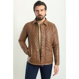 Kapitone Kamel Rengi Slim Fit Gömlek Yaka Suni Deri Erkek Mont - 56