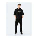 Kapşonlu İşlemeli Şardonlu Kısa Kollu Oversize Spor Sweatshirt