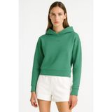 Kapşonlu Kadın Sweatshirt 3 İplik Şardonsuz%100 Pamuklu Kumaş Kadın Crop Sweatshirt Özgün Tasarım, Yeşil, L