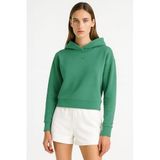 Kapşonlu Kadın Sweatshirt 3 İplik Şardonsuz%100 Pamuklu Kumaş Kadın Crop Sweatshirt Özgün Tasarım, Yeşil, XS
