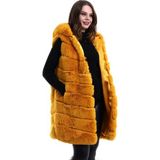 Kapşonlu Peluş Kürk Yelek Premium Kalite, Tam Astarlı, Uzun Model - Sarı - XL - --