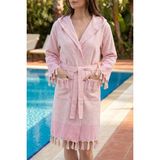 Kapşonlu Unisex Peştemal Plaj Bornozu %100 Pamuklu Seaside Stripe - 2XL - Pembe