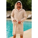 Kapşonlu Unisex Peştemal Plaj Bornozu %100 Pamuklu Seaside Stripe - Kahverengi
