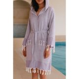Kapşonlu Unisex Peştemal Plaj Bornozu %100 Pamuklu Seaside Stripe - Lila