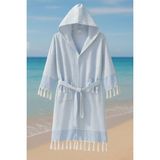 Kapşonlu Unisex Peştemal Plaj Bornozu %100 Pamuklu Seaside Stripe - Mavi