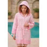Kapşonlu Unisex Peştemal Plaj Bornozu %100 Pamuklu Seaside Stripe - Pembe