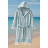 Kapşonlu Unisex Peştemal Plaj Bornozu %100 Pamuklu Seaside Stripe - Turkuaz