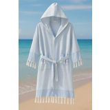Kapşonlu Unisex Peştemal Plaj Bornozu%100 Pamuklu Seaside Stripe XL Mavi