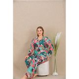 Kapsulavm Büyük Beden Renkli Yaprak Desenli Düğmeli Uzun Kol Viskon Pijama Takımı