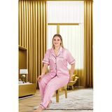 Kapsulavm Büyük Beden Şık Tasarım Pembe Çizgili Düğmeli Kısa Kol Lüx Saten Pijama Takımı