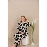Kapsulavm Büyük Beden Siyah Beyaz Kalp Desenli Düğmeli Uzun Kol Viskon Pijama Takımı