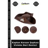Kaptan Korsan Şapkası Vinleks Deri Denizci Oyun Kıyafeti Kombin Parçası