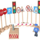 Kaptin 16 parçalı mini ahşap sokak tabelası oyun seti, trafik işareti seti, rol yapma seti, güvenlik eğitim oyuncağı, trafik kurallarını öğretmek için uygun, çocuk doğum günü hediyesi