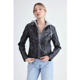 Kapüşonlu Suni Deri Crop Biker Ceket