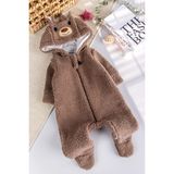 Kapüşonlu Welsoft Peluş Kışlık Kız/erkek Bebek Tulum - Kahverengi - 9 - 12 Ay