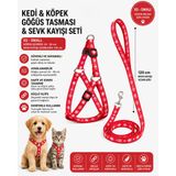 Kar Tanesi Desenli Kedi Ve Köpek Göğüs Tasması Sevk Kayışı Seti Xs-S 24-36 Cm 120 Cm - Kırmızı