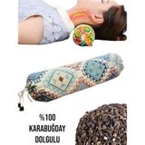 Karabuğday Dolgulu Boyun Yastığı, Silindir Boyun Masajı Yastığı, Karabuğday Yoga Yastığı, Bolster (Etmik Desen Mavi)