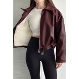 Karabulut Kadın Bordo İçi Peluş Astarlı Suni Deri Ceket Kemer Detaylı Kürklü Oversize Kısa Mont