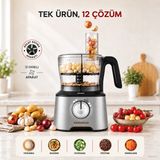 Karaca 2500 Watt Güçlü Çift Katlı Dört Kanatlı Bıçaklı Mutfak Robotu, 12’u 1 Arada Hazırlık Seti, Hamur Yoğurma, Yumurta Çırpma ve Buz Kırma + Tartı - Silver