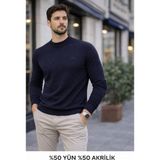 Karaca Bisiklet Yaka %50 Yün %50 Akrilik Erkek Düz Renk Triko Kazak - Lacivert - 2XL