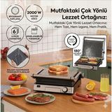 Karaca Çıkarılabilir Yanmaz Yapışmaz Plakalı 2000W Yüksek Performanslı Yükseklik Ayarlı Tam Açılabilir Elektrikli Izgara Fırın Etkili Tost Makinesi - Gri