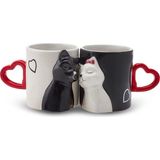 Karaca Love Cat Desenli Porselen 2'li Kupa 310 ml Kulplu Kalp Tasarımlı Set - Siyah