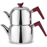Karaca Maçka Mini Çaydanlık Takımı 18/10 Paslanmaz Çelik, Bordo, 0,85 L Demlik + 1,25 L Suluk, Ergonomik Saplı - Gümüş