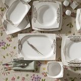 Karaca Nazende Fine Cream 60 Parça 12 Kişilik Beyaz Porselen Kare Yemek Takımı Desenli