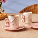 Karaca Ribbon Porselen Kahve Fincanı 110 ml Kulplu Desensiz 2 Kişilik 4 Parçalı Set Pembe