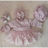 Karadeniz Butik Kız Çocuk Elbise Bandana Ayakkabı Takımı - 0 - 3 Ay - 13P-Pembe