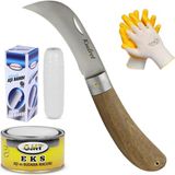 Karahanbey BADEM10 Aşı Bıçağı Eğri Uçlu Bağ Bıçağı Ara Çakı + Aşı Bandı + Aşı Macunu + Eldiven (4'lü Set)